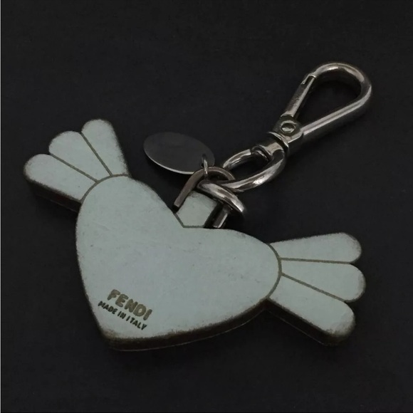 FENDI Selleria Logo Heart Wooden Bag Charm/ Keychain Aqua Blue Silver Hardware - Picture 3 of 8
